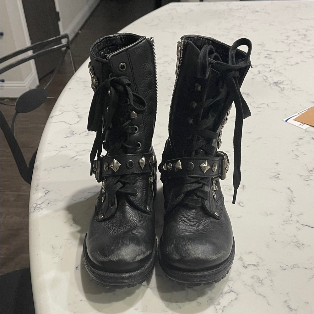 Ash Black Leather Studded Combat Boots